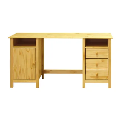 Produktbild von Möbilia Schreibtisch Kiefer Massivholz – Natur lackiert – 3 Schubladen, 1 Tür – 150 x 54 x 74 cm