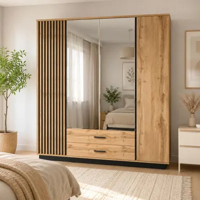 Produktbild von Viertüriger Kleiderschrank LAMERO LA18 mit Spiegeln und zwei Schubladen, Drehtürenschrank (Eiche Wotan + Schwarz)