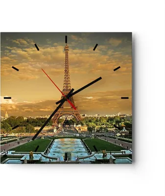 Produktbild von Wanduhr - Quadrat - Glasuhr - Eiffelturm Frankreich Paris - 40x40cm - Schleichendes Uhrwerk - Lautlos - zum Aufhängen bereit - Dekoration Modern - Wanddekoration aus Glas - C3AC40x40-0435