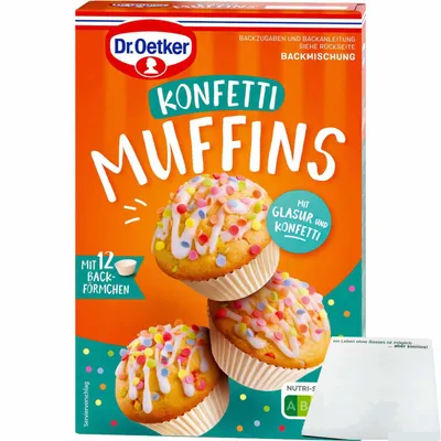Produktbild von Dr. Oetker Backmischung für bunte Konfetti Muffins mit Backförmchen und Glasur (325g Packung) + usy Block