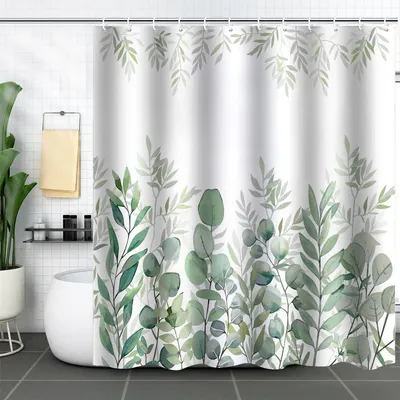 Produktbild von Duschvorhang 180x180 cm, Blumenmuster mit Grün, Natursaum, wasserdicht und schimmelresistent, mit Ösen und 12 Duschvorhangringen (Eukalyptus).