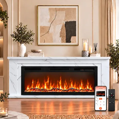 Zdjęcie produktu dla HOMAVO 50 cali Kominek elektryczny z szafką 1000/2000 W sterowanie aplikacją efekt płomienia 3D 12 kolorów płomienia timer 1‑8 H