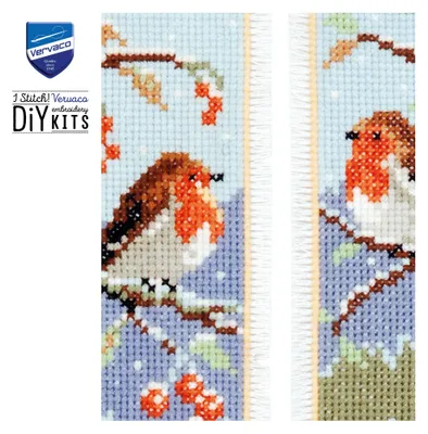 Produktbild von Vervaco Lesezeichen Kreuzstich Stickpackungen Gezählter Kreuzstich Set Rotkehlchen 2er DIY Set Erwachsene Sticken Lesen Zubehör Geschenk Zählmusterpac