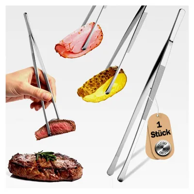 Produktbild von Kochpinzette aus Edelstahl, 30 cm, runde Grillpinzette für Kochen und Braten, Küchenpinzette für Küche, Camping, BBQ