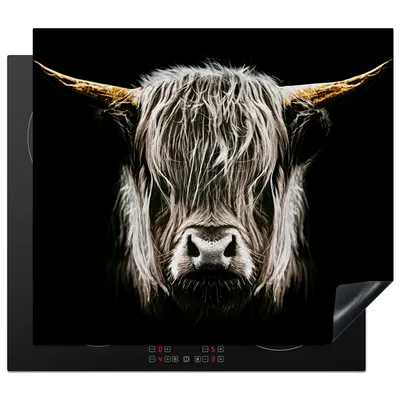 Produktbild von KitchenYeah© Herdabdeckplatte Schottischer Highlander - Gold - Hörner - Schwarz und weiß - Kuh - Tiere , 60x52cm, Küche Deko, Glaskeramikkochfeld Herdabdeckung, Abdeckplatte fùr Kochfeld