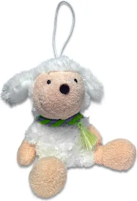 A plush toy sheep with a green and gray scarf, hanging by a string.