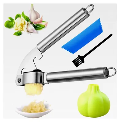 Produktbild von Knoblauchpresse aus Edelstahl mit Knoblauchschäler und Reinigungsbürste