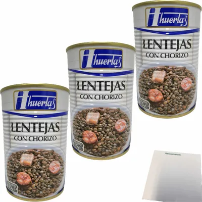 Produktbild von huertas Lentejas con Chorizo (Linsen mit Paprikawurst) Officepack (3x415g Konserve) + usy Block