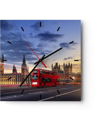 Produktbild von Wanduhr - Quadrat - Glasuhr - London Bus - 40x40cm - Schleichendes Uhrwerk - Lautlos - zum Aufhängen bereit - Dekoration Modern - Wanddekoration aus Glas - C3AC40x40-3592