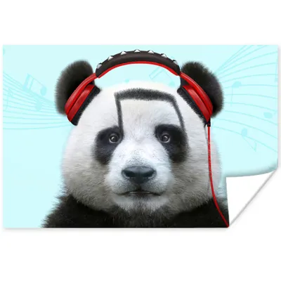 Produktbild von MuchoWow® Poster Panda - Kopfhörer - Tier - Musiknoten - Rot 120x80 cm - Bilder
