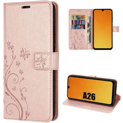 Image de Coque pour Samsung Galaxy A26 5G, Protection Rabat Cuir Synthétique Antichoc Rose Motif Papillon Fleurs