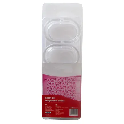 A package containing clear plastic shower curtain hooks and a pink shower curtain with a floral pattern.