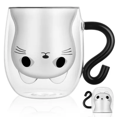 Image de Tasse à double paroi avec motif de chat, 230-280 ml, en verre borosilicaté, de couleur noire