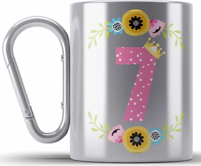 Produktbild von Trendation - 7. Geburtstag Mädchen Edelstahl Tasse Karabiner Geschenk zum Siebten Geburtsagsparty Grafik Krone  7 Jahre Alt (Silber)