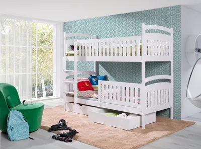 Produktbild von KEF AGATHE Etagenbett Kinder Holz Kinderbett für Zwei Kinder Weiß mit Matratze Leiter Rechts 90x190 cm