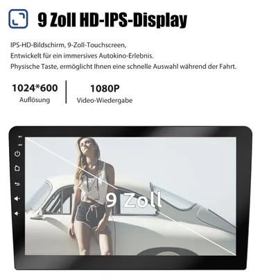Productafbeelding van Android autoradio, 9-inch touchscreen, 2 DIN, met DAB+, Carplay, GPS-navigatie, Bluetooth, WiFi, Android Auto, handsfree functie, stuurwielbediening en ingang voor achteruitrijcamera