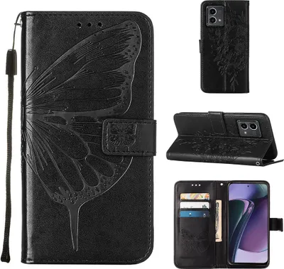 Produktbild von Lederhülle für Motorola Moto G Stylus 5G (2023) Schmetterling Prägung Flip Ledertasche Kartenfächer Handyhülle mit Ständer Schwarz