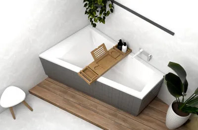 Produktbild von ECOLAM Eckbadewanne Trapez Rita Badewanne Acryl Trapezbadewanne 160 x 100 cm links + Bambus Ablage, Füße Ablauf Silikon