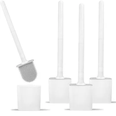 Produktbild von 4 Stück Silikon-WC-Bürsten, freistehende/Wandmontage, mit Halter, weiße WC-Bürste für Bad, Ecken und kleine Räume zwischen Toiletten und Wänden