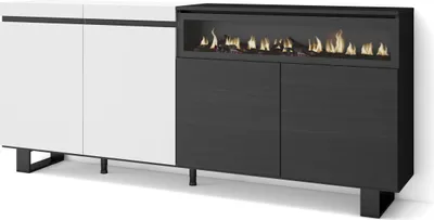 Immagine prodotto di COZY Credenza, Mobile, Cucina, 200x35x87cm, 4 Porte, Camino elettrico, Bianco e Nero