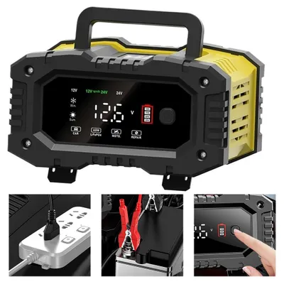 Productafbeelding van 10A autobatterij oplader, 12V/24V oplader, batterijoplader, auto-oplader, intelligente batterijoplader voor auto's, vrachtwagens, motorfietsen, grasmaaiers