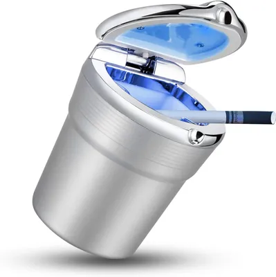 Produktbild von Edelstahl-Auto-Aschenbecher mit Abdeckung und rauchfreier blauer LED-Anzeige für Auto,Zuhause,Büro-Getränkehalter