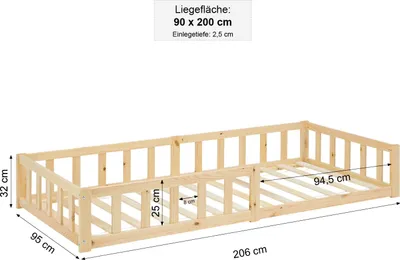 Produktbild von Homestyle4u Kinderbett 90x200 mit Rausfallschutz Natur Bodenbett Montessori Bett Lattenrost Kleinkindbett