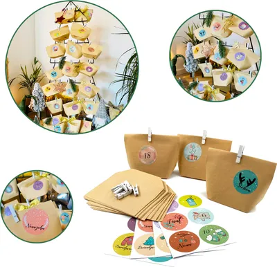Produktbild von Oblique Unique DIY Adventskalender Set - 24 Tüten + 24 Zahlen Sticker Aufkleber + 24 weiße Klammern für Advent Weihnachten