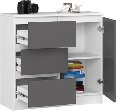 Produktbild von Kommode AKORD JERRY Weiß 80 cm Tür 3 Schubladen 2 Ebenen Front Graphitgrau B80 x H77 x T35 cm
