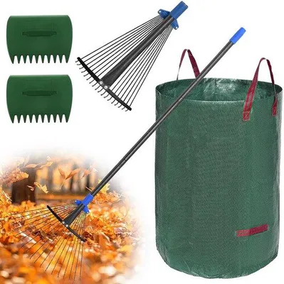Produktbild von Unyqoos® Komplettes Laubharke-Set – verstellbarer Stiel 76–183 cm, Metallzinken, 20/43 cm Harkenaufsätze, 32 l wiederverwendbarer Blattbeutel & 2 Sammelschaufeln