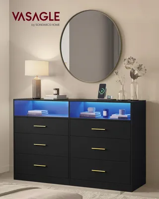 Produktbild von VASAGLE Kommode mit LED-Beleuchtung und Ladestation, 6 Schubladen, modern, Schlafzimmer Wohnzimmer, schwarz