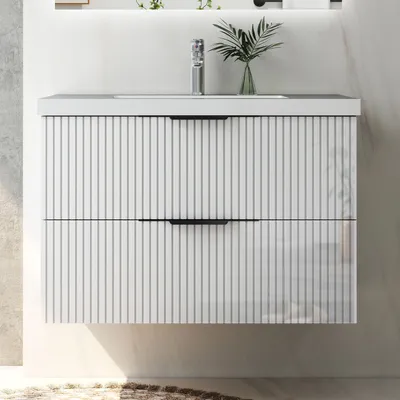 Produktbild von Waschtisch mit Unterschrank 80cm RIVA Badmöbel Set Hochglanz Weiß Waschbecken mit Unterschrank Softclose