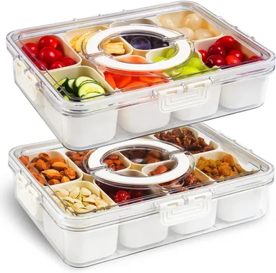 Image de Boîte à goûter Boîte à goûter Boîte à goûter à 8 compartiments Organisateur de bol à goûter Portable, sans BPA, 2 pièces