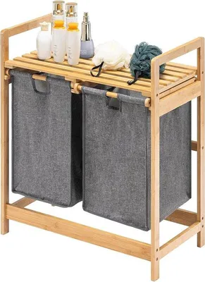 Zdjęcie produktu dla Bambusowy kosz na pranie z półkami i 2 wyciąganymi workami na pranie - Odpowiedni do sypialni, łazienki i pralni - 73 x 64 x 33 cm - Szary sortownik na pranie