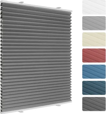 A pleated blind in gray is shown in the foreground, with swatches of different colored blinds displayed on the right side of the image.