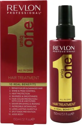 A product shot of Revlon Professional Uniq One Hair Treatment, showing both the box and the bottle.
