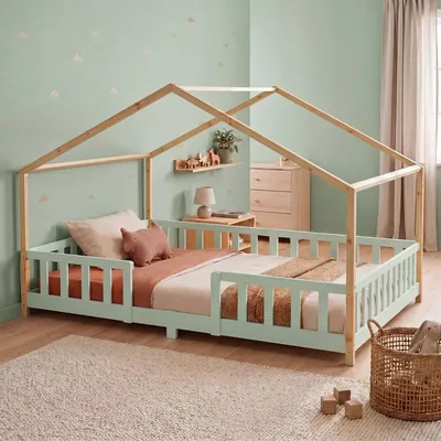 Produktbild von Kinderbett ’Treviolo‘ in Haus-Optik mit Rausfallschutz Kiefernholz 140 x 200 cm Mintgrün / Natur