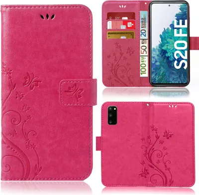 A collage of images showing a pink flip phone case with a floral pattern, a phone inserted into the case, and the back of the case.