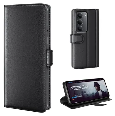 A collage of images showing a black leather flip phone case for a Xiaomi Redmi 15 / 15 5G, including a close-up of the case, the case with the phone inside, and the phone in the case propped up to watch a movie.