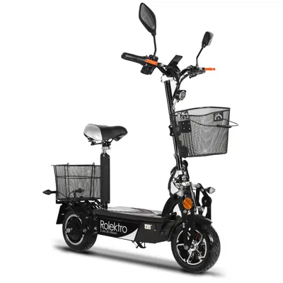 A black electric scooter with baskets on the front and back, shown against a white background.