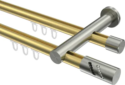 Produktbild von Interdeco Innenlaufstange / Gardinenstange mit Innenlauf Messing-Optik / Edelstahl-Optik, Typ Platon Zoena (Glitzerzylinder), 20 mm Ø 2-läufig, 240 cm