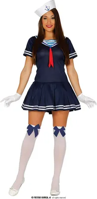 A woman is posing in a sailor-themed costume against a white background.