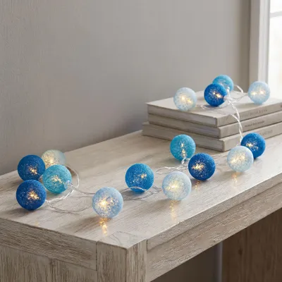 Produktbild von 15er Lichterkette Ø4cm LED Kugeln Girlande Lampions Baumwolle Blau Deko
