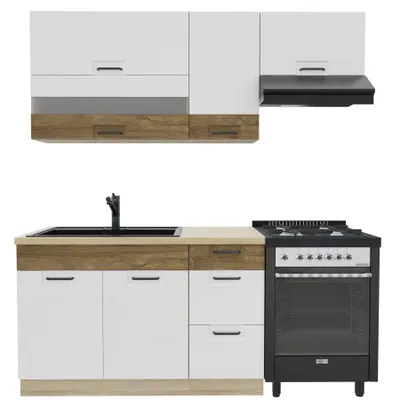 Obrázek produktu pro Kuchynská linka 180 cm – FAVORIT E – bez pracovní desky – bílá lesklá – dub Sonoma – kuchyn pro jednoho bez spotrebicu – kovové zásuvky
