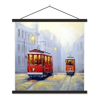 Produktbild von MuchoWow® Textilposter Gemälde - Straßenbahn - Stadt - Öl 90x90 cm mit schwarzem Rahmen - Magnetisches