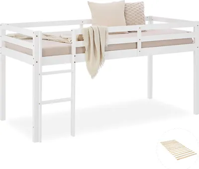 Image de Lit superposé avec sommier à lattes échelle 90x200 cm Lit d'enfant massif pour adolescents Lit mezzanine