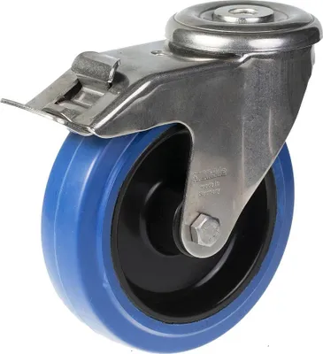 Produktbild von 125-mm-Lenkrolle aus Edelstahl mit Feststeller und blauem elastischem Gummi auf Nylon-Füllkern