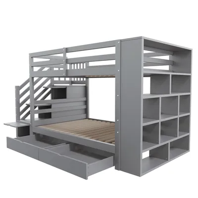 Image de okwish Lit superposé 90 x 200 cm avec échelle de rangement et grands compartiments, lit mezzanine avec barrières et rangement, lit en bois massif pour enfant – gris