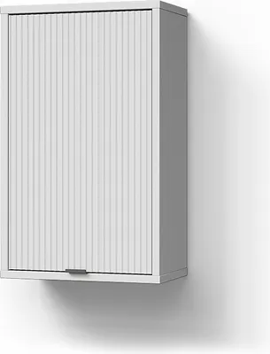 A white wall-mounted cabinet with a roll-up door.