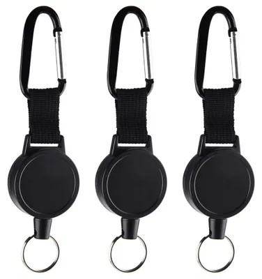 3 einziehbare Schlüsselanhänger, 65 cm Stahlkabel, schwarz